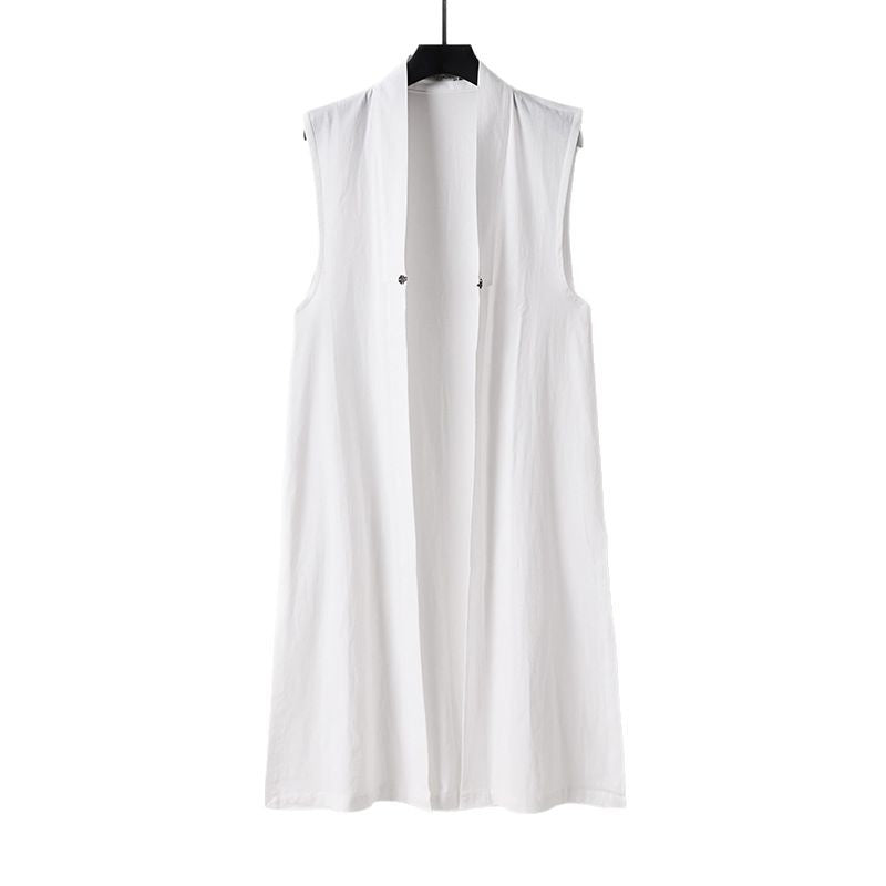 Damen Langer ärmelloser Kimono-Weste aus Leinenmix mit schmaler Schalkante und dekorativem Knebelverschluss Shop Nory