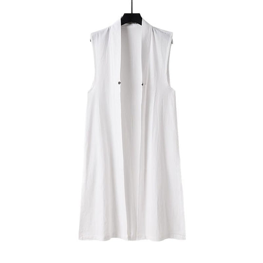 Damen Langer ärmelloser Kimono-Weste aus Leinenmix mit schmaler Schalkante und dekorativem Knebelverschluss Shop Nory