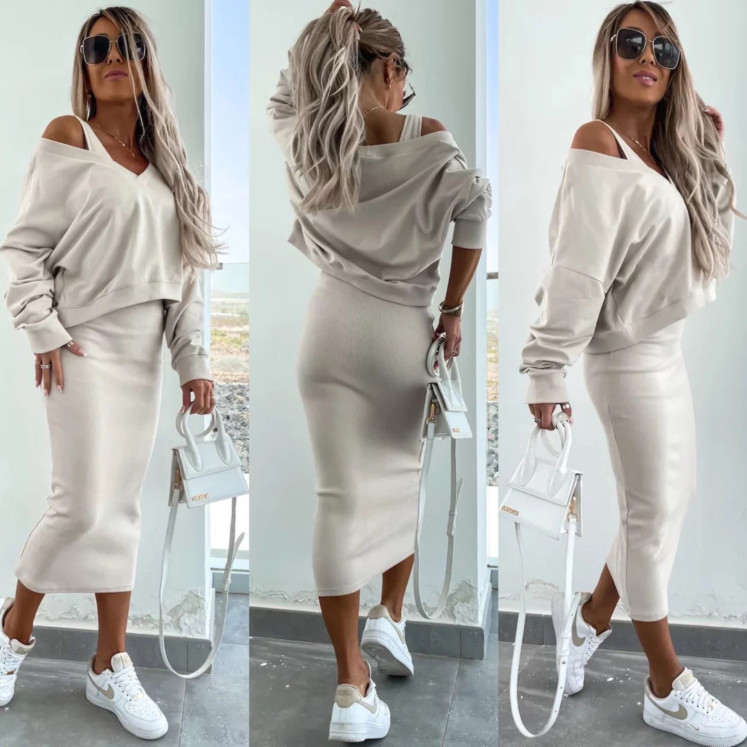 Damen weiches geripptes Lounge-Set mit Oversize-Viskoseshirt und High-Waist Schlaghose Shop Nory