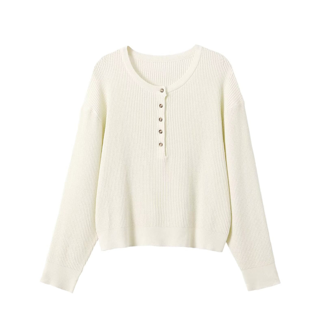 Damen Grobgestrickter Waffelstrick-Pullover mit Henley-Knopfleiste Shop Nory