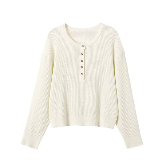 Damen Grobgestrickter Waffelstrick-Pullover mit Henley-Knopfleiste Shop Nory