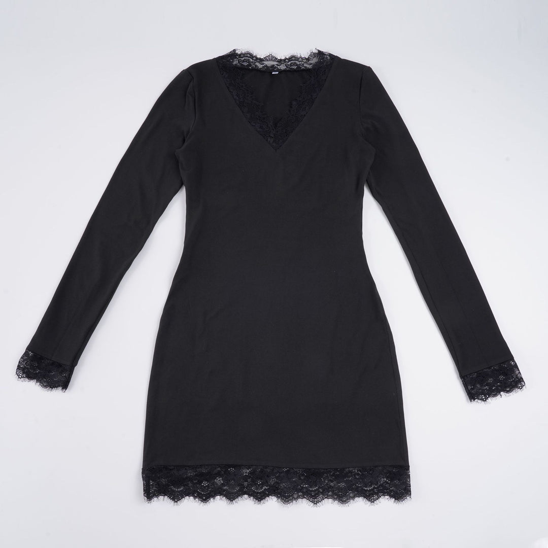 Damen nan figurbetontes Langarm-Midikleid mit tiefem V-Ausschnitt und floraler Spitzenkante Shop Nory