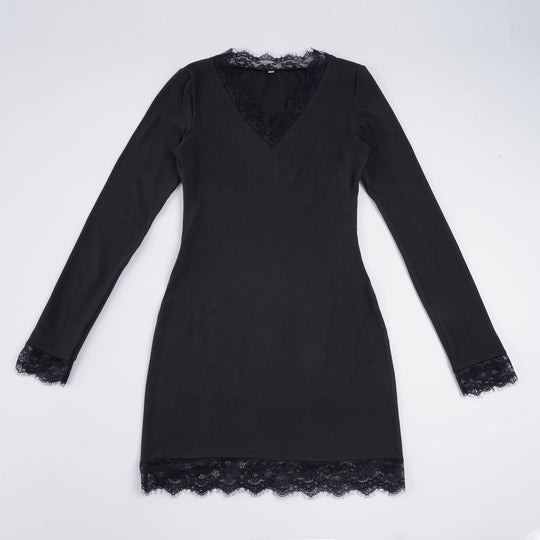 Damen nan figurbetontes Langarm-Midikleid mit tiefem V-Ausschnitt und floraler Spitzenkante Shop Nory