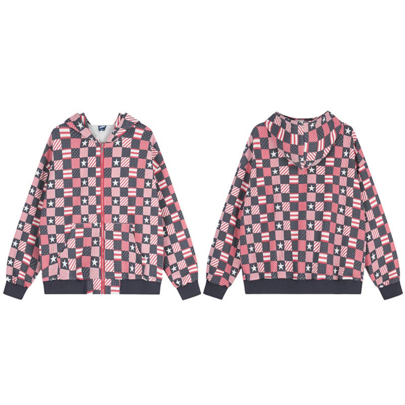 Damen Zip-Kapuzenjacke mit Allover-Patchwork-Sternen- und Streifenmuster Shop Nory