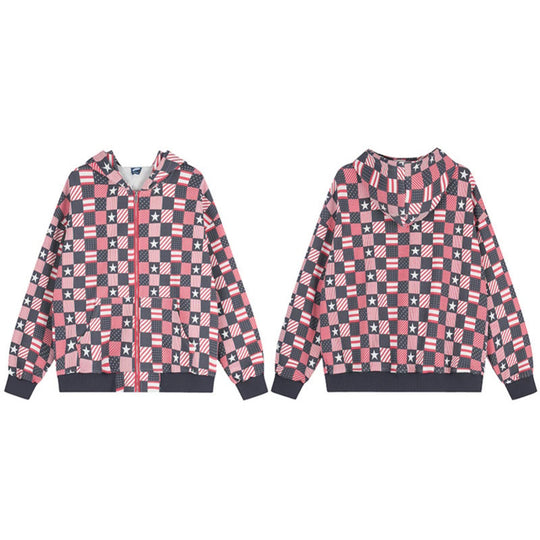 Damen Zip-Kapuzenjacke mit Allover-Patchwork-Sternen- und Streifenmuster Shop Nory