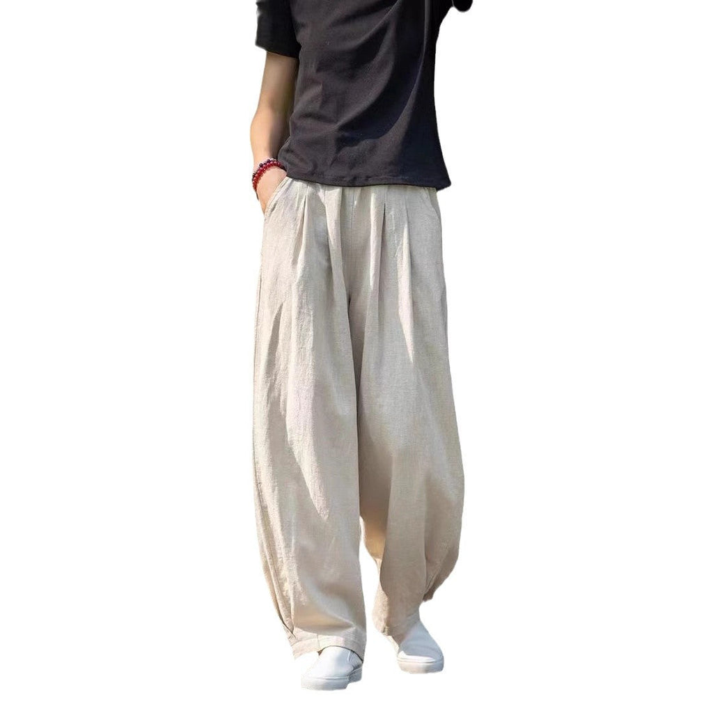 Damen weite Leinenhose mit elastischem Bund und seitlichen Taschen