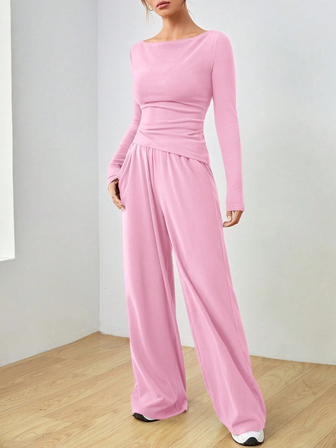 Damen Lässiges Two‑Piece Lounge‑Set mit U‑Boot‑Ausschnitt, taillierter Drapierung und weitem Palazzohose Shop Nory
