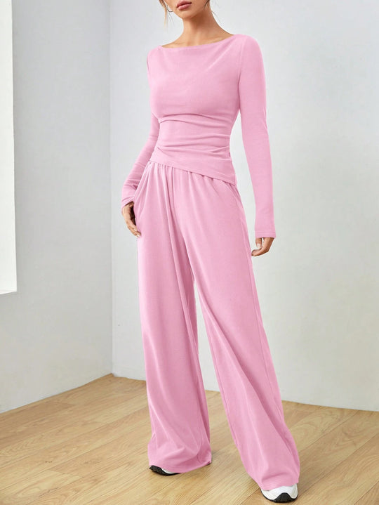 Damen Lässiges Two‑Piece Lounge‑Set mit U‑Boot‑Ausschnitt, taillierter Drapierung und weitem Palazzohose Shop Nory