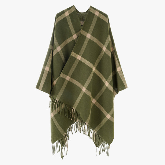 Damen Weit geschnittener Karierter Poncho mit Fransen und V‑Ausschnitt Shop Nory