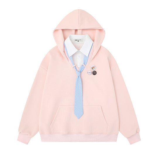 Damen Kapuzenpullover mit eingesetztem Hemdkragen und vorgebundener Krawatten-Applikation Shop Nory