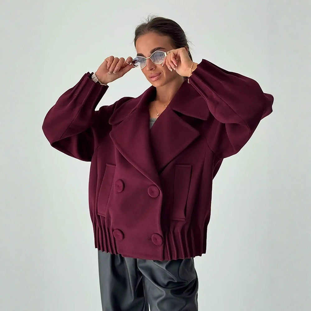Damen Kurzer Boxy-Wollmantel mit übergroßem Schalkragen, doppelter Knopfleiste und geripptem Bund Shop Nory