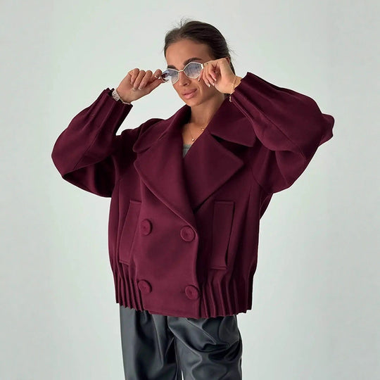 Damen Kurzer Boxy-Wollmantel mit übergroßem Schalkragen, doppelter Knopfleiste und geripptem Bund Shop Nory