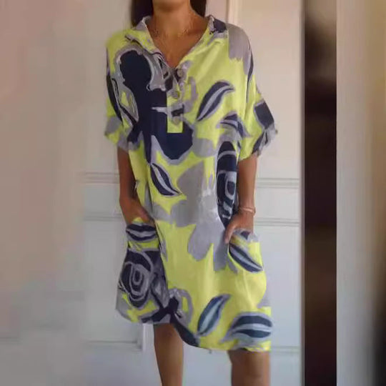 Damen luftiges Strandkleid mit modischem Muster und seitlichen Taschen