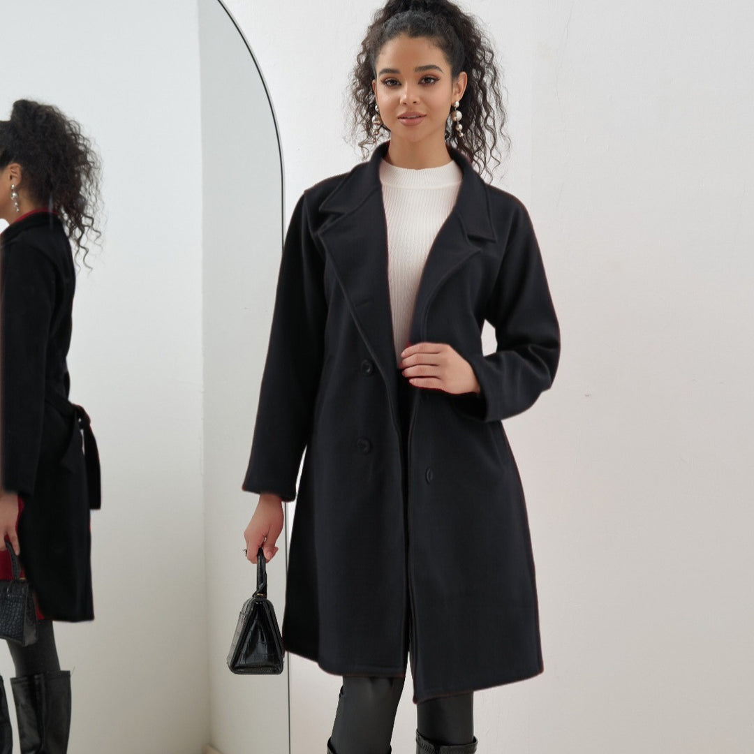 Damen Eleganter knielanger Zweireihiger Wollblend-Mantel mit Reverskragen Shop Nory