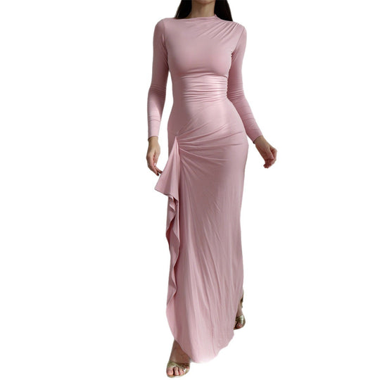Damen nan gerafftes Maxikleid mit langen Ärmeln, taillierender Stretch-Passform und seitlichem Volant-Detail Shop Nory