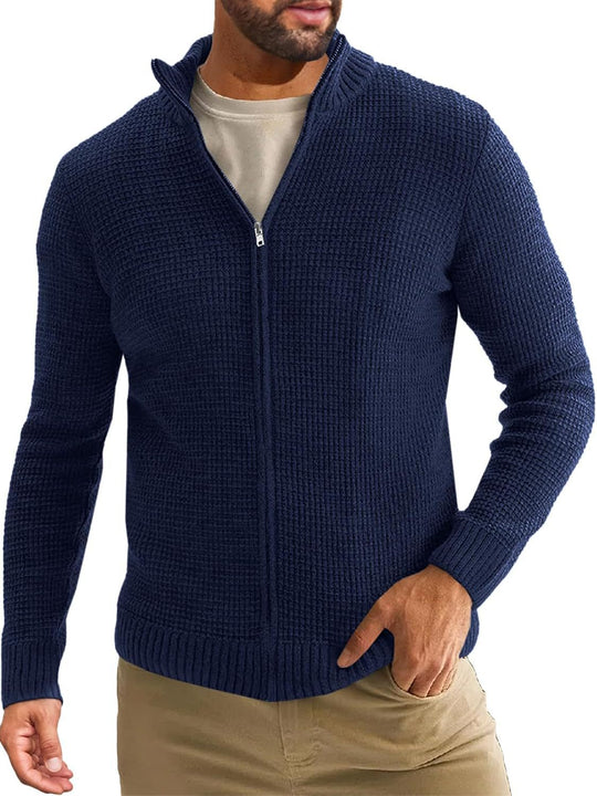 Herren Reißverschluss-Strickjacke mit Waffelstruktur und Stehkragen Shop Nory