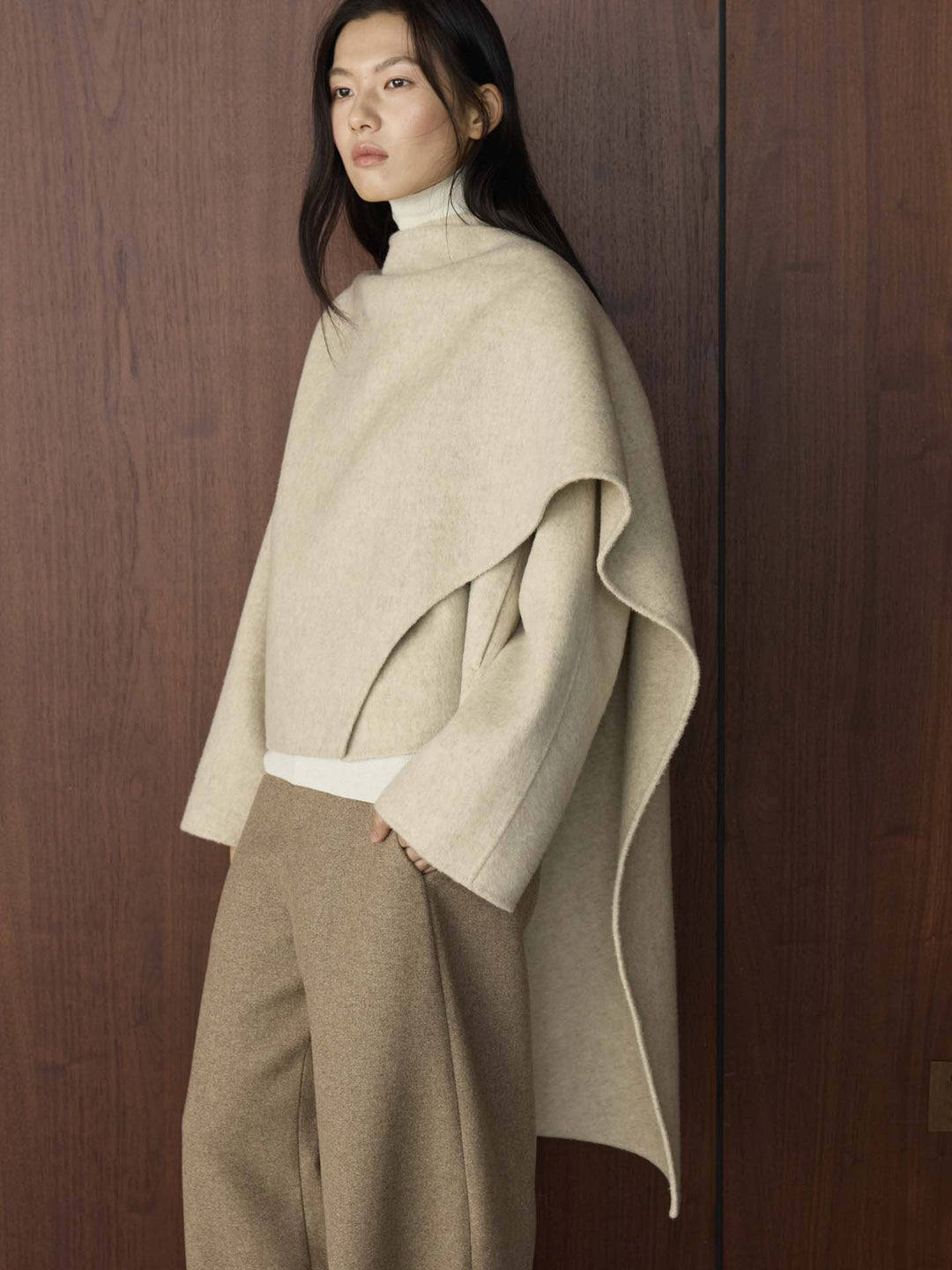 Damen Cape Mantel mit asymmetrischem Überwurf und Wollmix Shop Nory