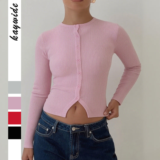 Damen nan kurze gerippte Knopfstrickjacke mit Rundhalsausschnitt, taillierter Passform und Stretchanteil Shop Nory