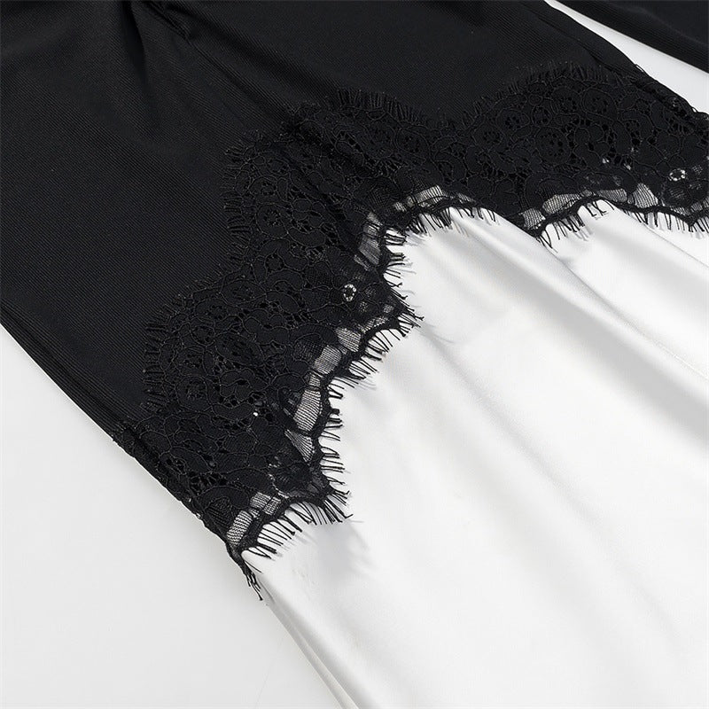 Damen Zweiton-Maxikleid mit geraffter V‑Passe, Spitzenbesatz und langen Ärmeln Shop Nory