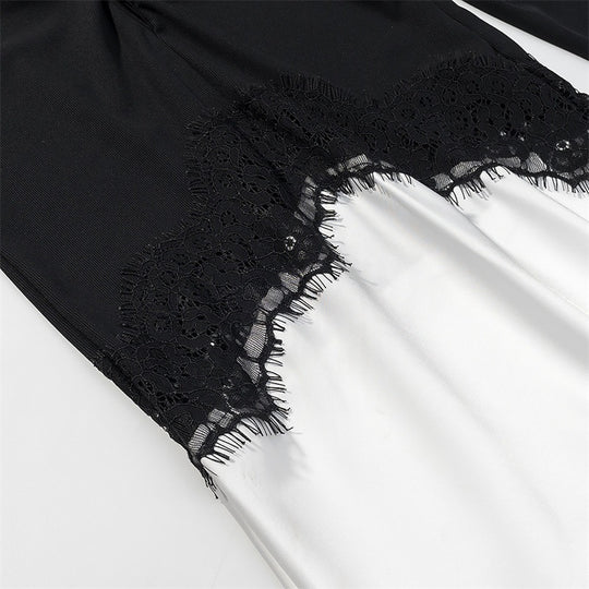 Damen Zweiton-Maxikleid mit geraffter V‑Passe, Spitzenbesatz und langen Ärmeln Shop Nory