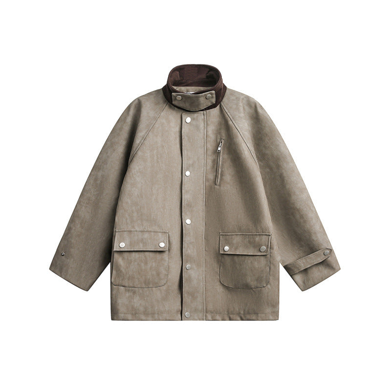 Unisex Kurz geschnittene Boxy Velours-Utility-Jacke mit Stehkragen und Pattentaschen Shop Nory