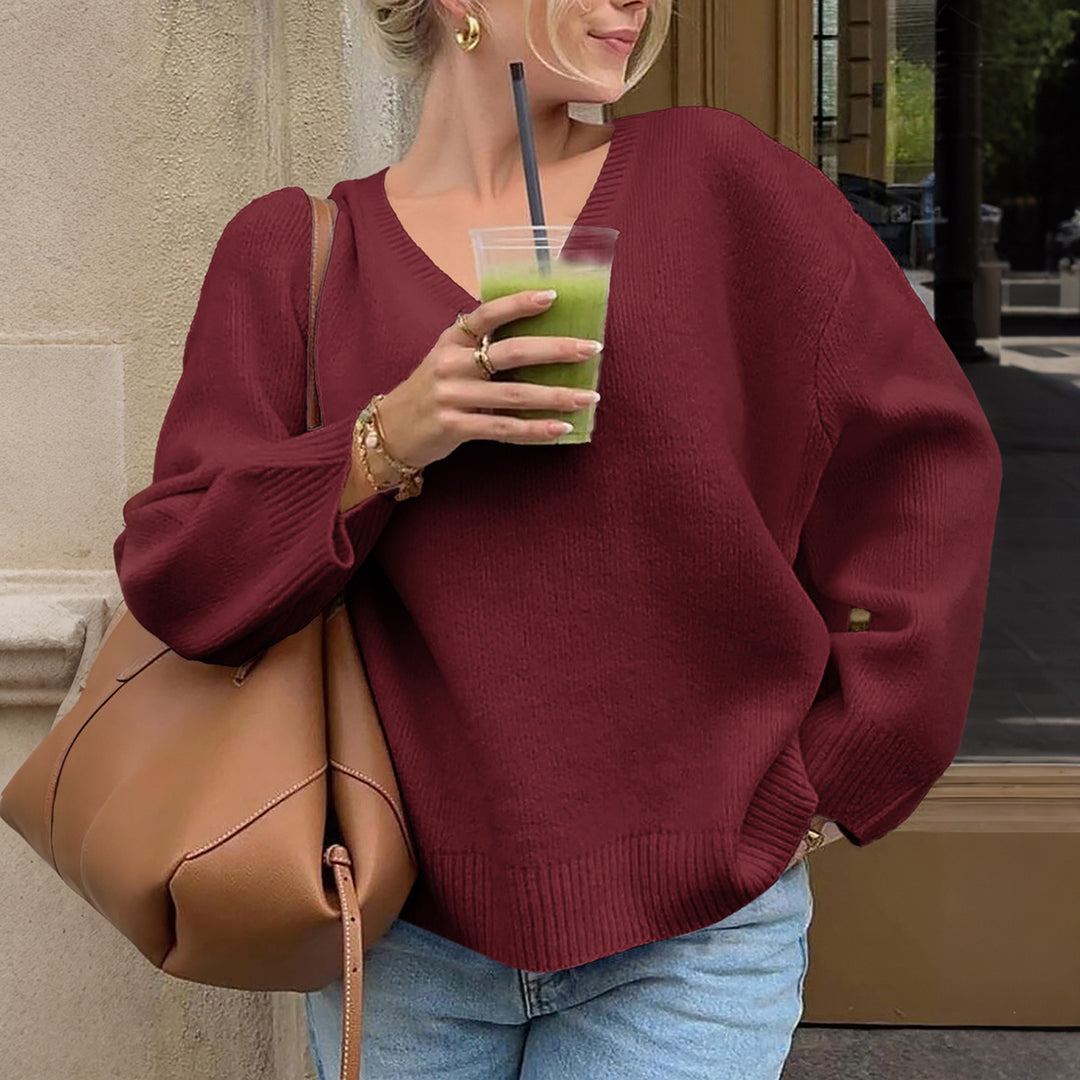 Damen nan oversized V-Ausschnitt Feinstrickpullover mit überschnittener Schulter, langen Kimonärmeln und breitem Rippbund Shop Nory