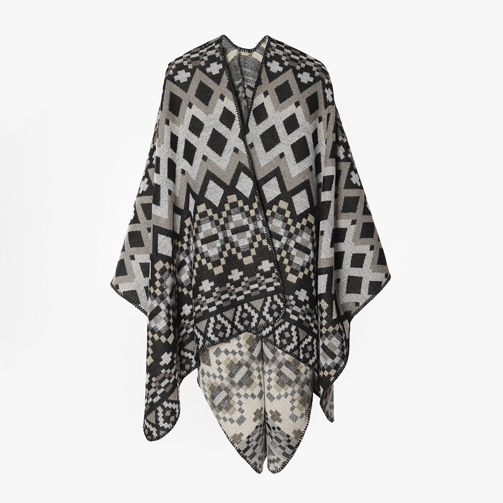 Damen Großflächiger Jacquard-Capeponcho mit geometrisch-ethnischem Muster und kastiger Silhouette Shop Nory