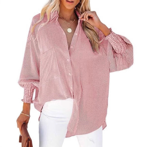 Damen legere Hemdbluse mit modischen Rüschenärmeln und Streifenmuster Shopnory