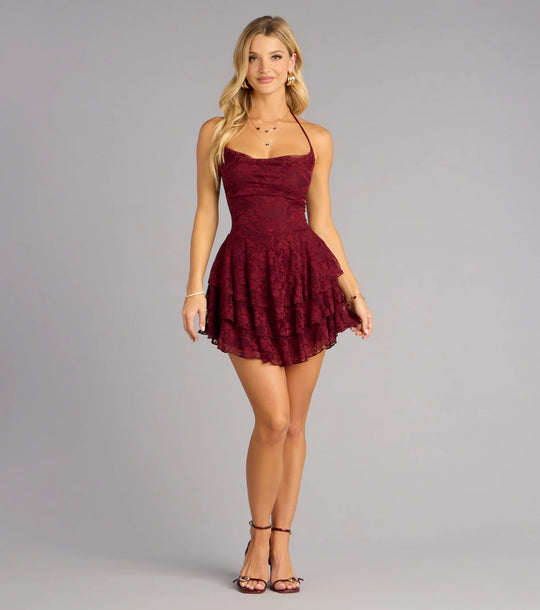 Damen verspieltes Spitzen-Minikleid mit Rüschendetails Shopnory