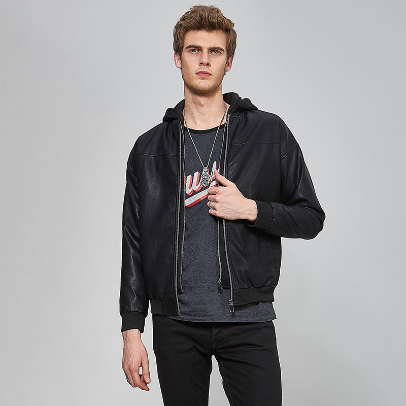 Herren Kunstleder‑Bomberjacke mit Kapuze, Reißverschluss und Rippbündchen Shop Nory