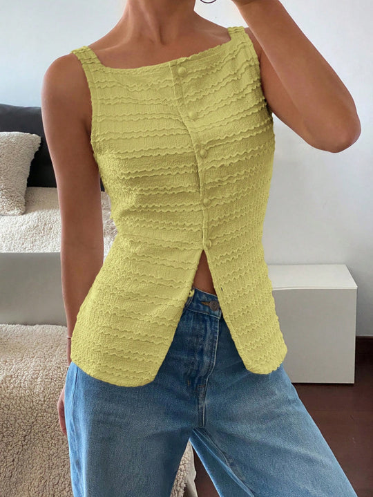Damen Ärmelloses Struktur-Top mit Zierknopfleiste und Vorder‑Schlitz Shop Nory