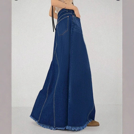 Damen taillenhoher A‑Linien Denim‑Maxirock mit dekorativen Nähten und rohem Fransen Saum Shop Nory