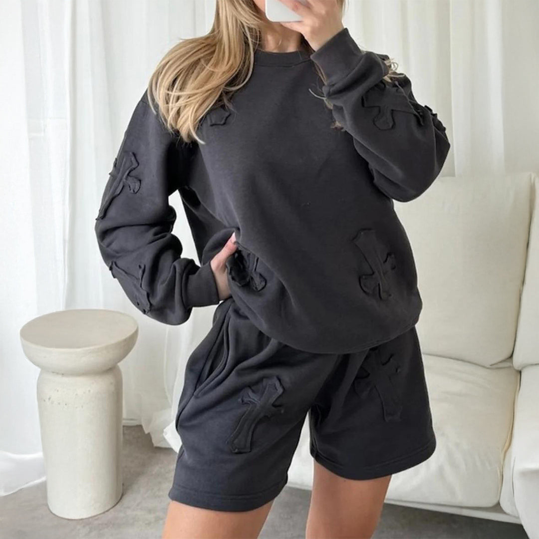 Damen nan lässiges Sweatshirt- und Short-Set mit dekorativen Schleifen-Applikationen, hohem Rundhalsausschnitt und Tunnelzugbund Shop Nory