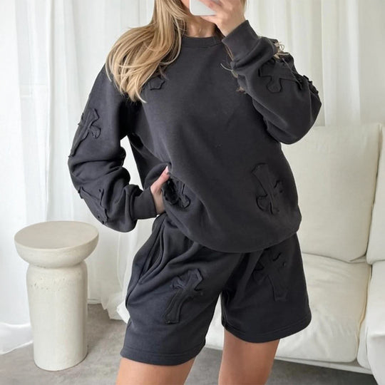Damen nan lässiges Sweatshirt- und Short-Set mit dekorativen Schleifen-Applikationen, hohem Rundhalsausschnitt und Tunnelzugbund Shop Nory