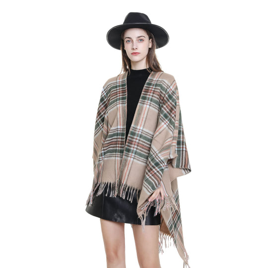 Damen Oversize-Wickelruana im Blockkaro mit Fransen-Detail Shop Nory