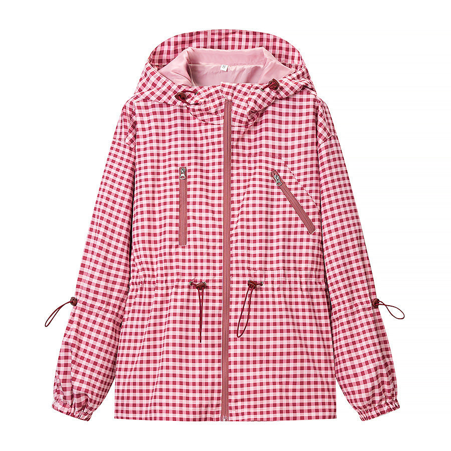 Damen Leichte Kapuzenjacke im Karo-Muster mit Tunnelzug und Reißverschlusstaschen Shop Nory