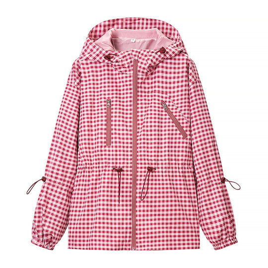 Damen Leichte Kapuzenjacke im Karo-Muster mit Tunnelzug und Reißverschlusstaschen Shop Nory