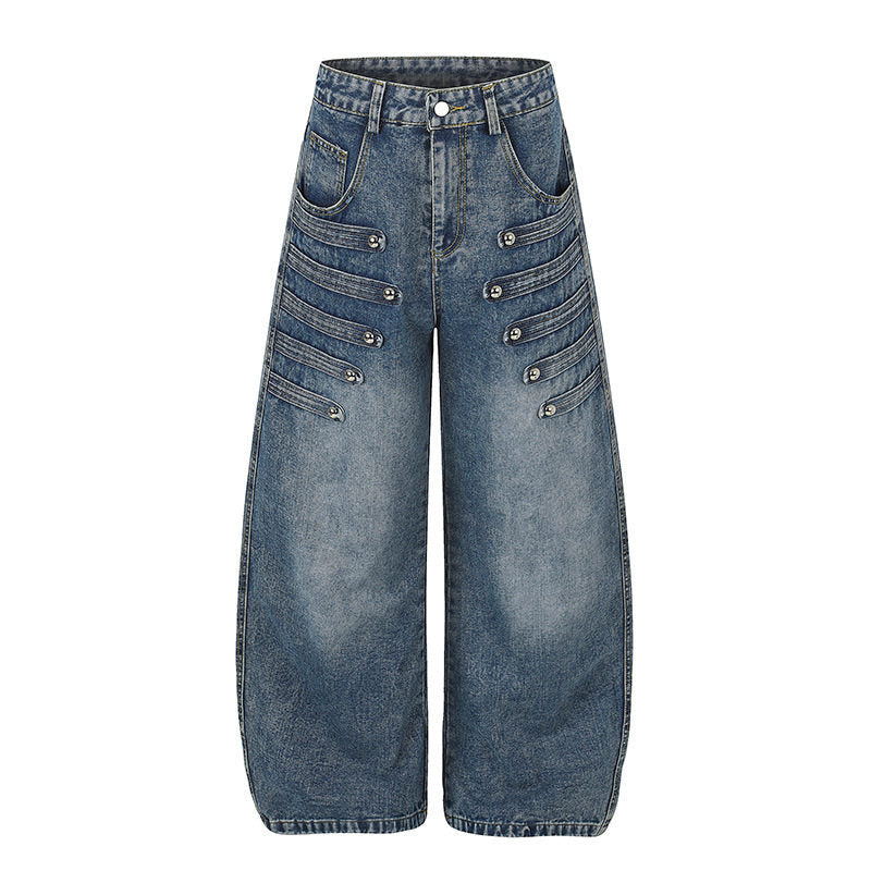 Damen Weite Denim-Palazzo-Jeans mit dekorischen Riegelnähten und Zierknopf-Details Shop Nory