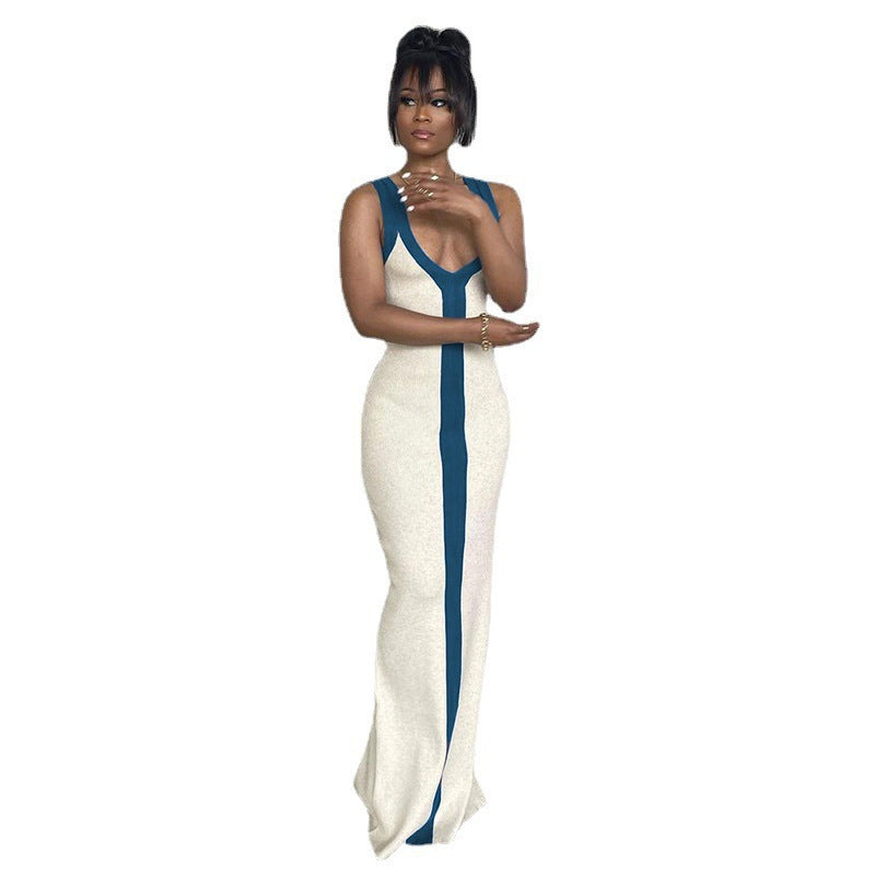 Damen elegantes Maxikleid mit tiefem V-Ausschnitt und kontrastierendem Streifen