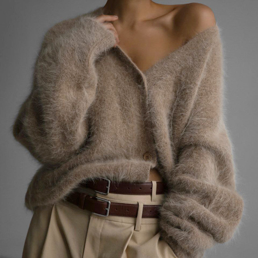 Damen Flauschiger Oversize-Knopfcardigan mit tiefem V-Ausschnitt und Eingrifftaschen Shop Nory