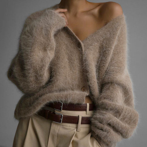 Damen Flauschiger Oversize-Knopfcardigan mit tiefem V-Ausschnitt und Eingrifftaschen Shop Nory