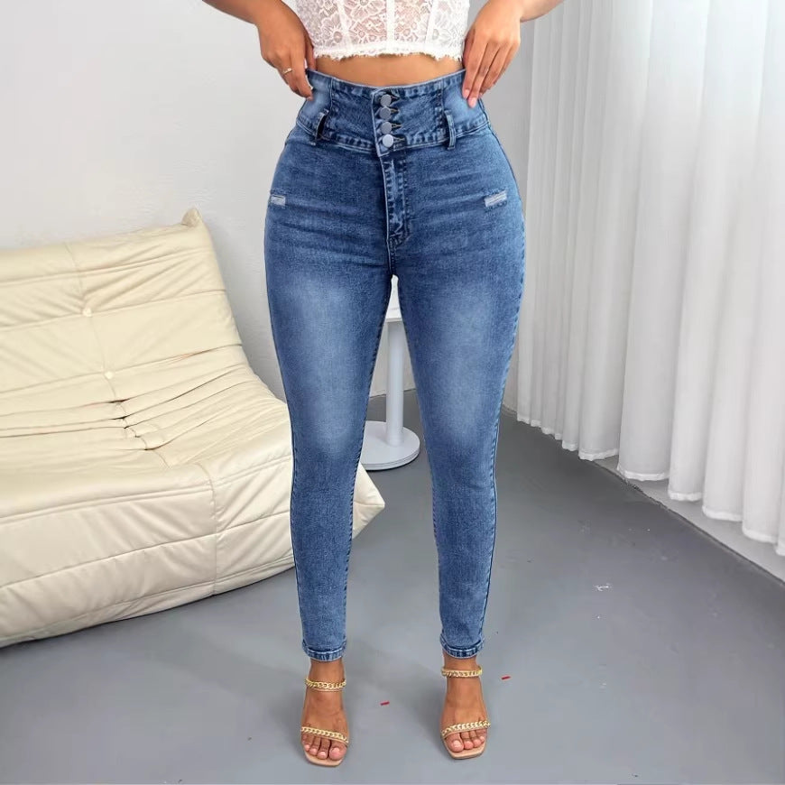 Damen Hochtaillierte Skinny-Jeans mit taillenformendem Mehrfachknopf und modellierender Seitennaht Shop Nory