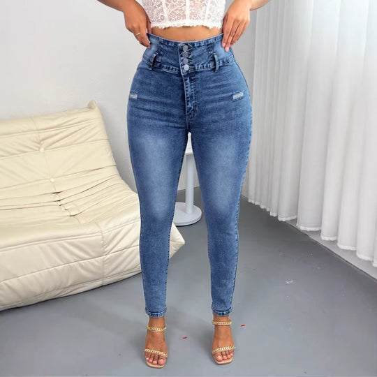 Damen Hochtaillierte Skinny-Jeans mit taillenformendem Mehrfachknopf und modellierender Seitennaht Shop Nory