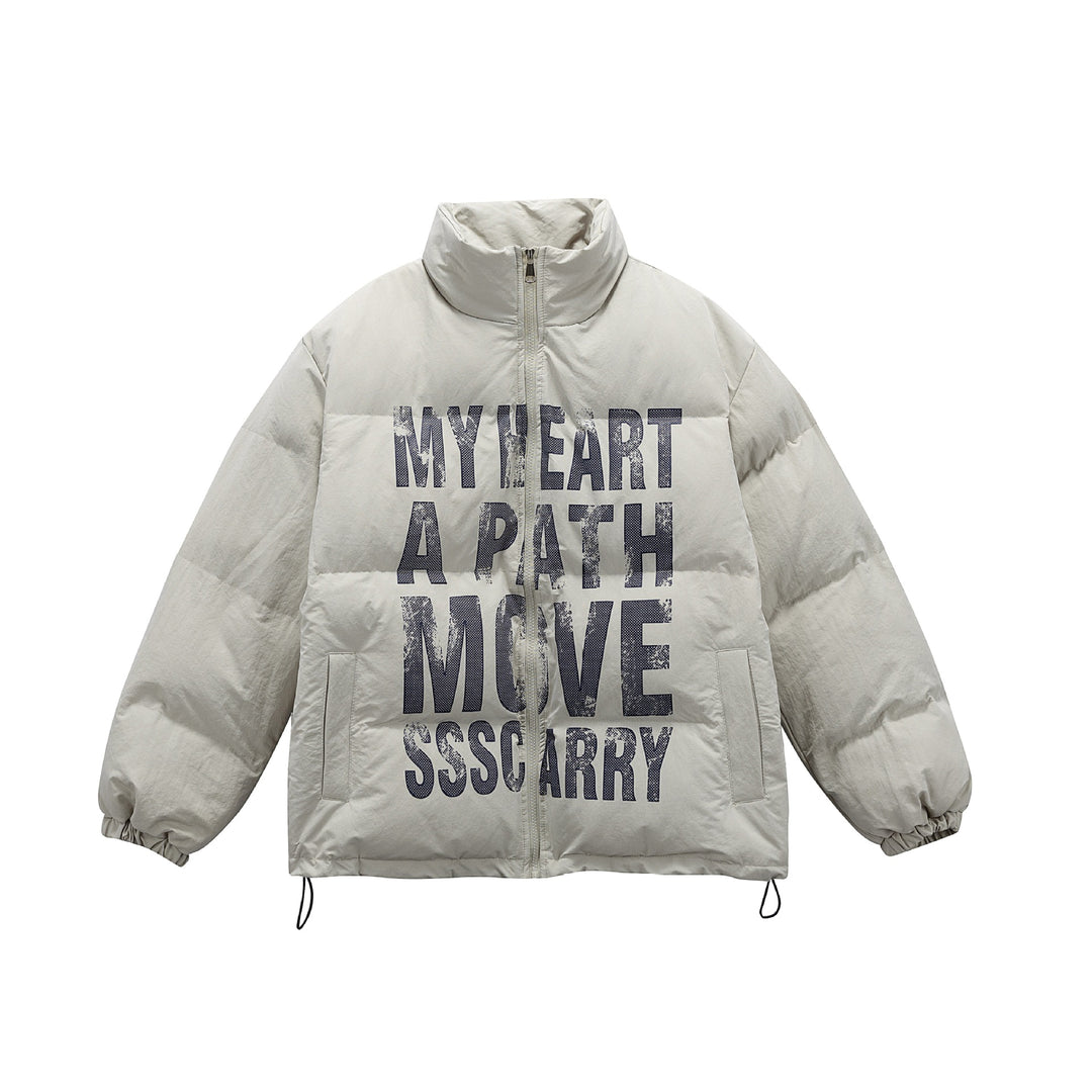 Unisex Oversize Steppjacke mit hohem Stehkragen und Statement-Print Shop Nory