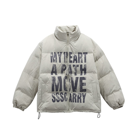 Unisex Oversize Steppjacke mit hohem Stehkragen und Statement-Print Shop Nory