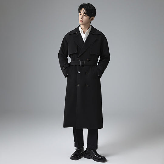 Herren Trenchcoat im minimalistischen Doppelreiher mit breitem Schalkragen und Taillengürtel Shop Nory