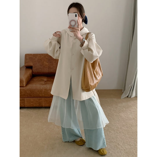 Damen Oversize Midimantel mit Kapuze, verdeckter Knopfleiste und voluminösen Ärmeln Shop Nory