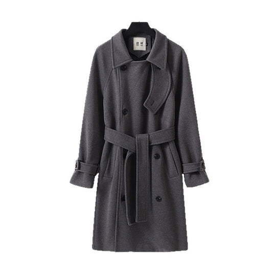 Herren Dramatisch geschnittener Doppelreihiger Wollmix-Longcoat mit Kragenlaschen und Bindegürtel Shop Nory