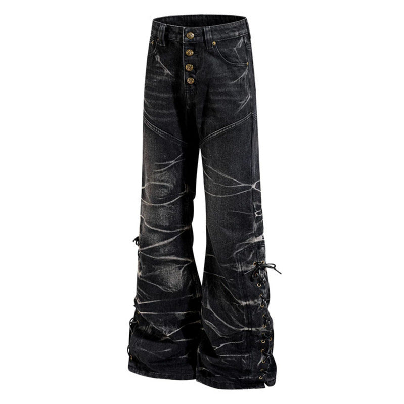 Damen hochgeschnittene ausgestellte Jeanshose mit Knopfleiste und seitlichen Schnürungen Shop Nory
