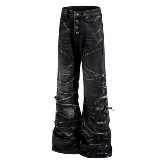 Damen hochgeschnittene ausgestellte Jeanshose mit Knopfleiste und seitlichen Schnürungen Shop Nory